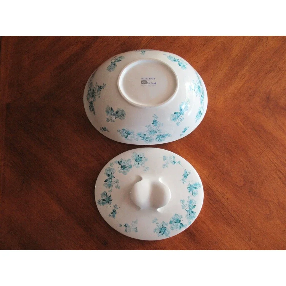 Hallcraft Hall Blue FROST FLOWERS Oval Covered Casserole Dish Lid Eva Zeisel MCM
